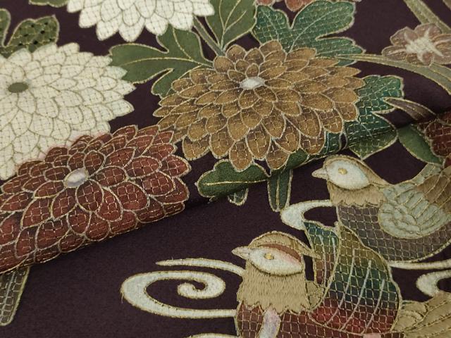 平和屋本店●極上　中国三大刺繍　スワトウ刺繍　汕頭刺繍　訪問着　鴛鴦花文　紫紺色地　金糸　逸品　DZAB3071kh6