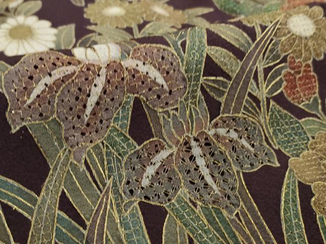 平和屋本店●極上　中国三大刺繍　スワトウ刺繍　汕頭刺繍　訪問着　鴛鴦花文　紫紺色地　金糸　逸品　DZAB3071kh6