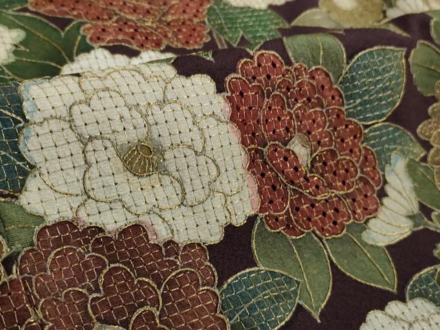 平和屋本店●極上　中国三大刺繍　スワトウ刺繍　汕頭刺繍　訪問着　鴛鴦花文　紫紺色地　金糸　逸品　DZAB3071kh6