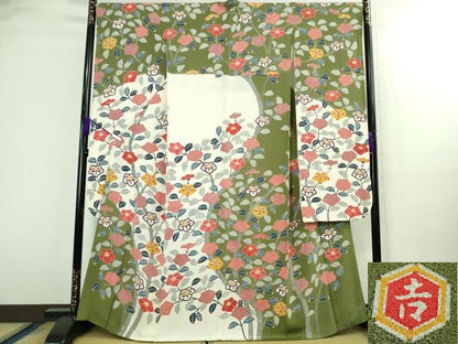 平和屋本店●極上　和染紅型　栗山紅型　栗山吉三郎　振袖　椿　鬼しぼ縮緬　逸品　DZAB3072kh6
