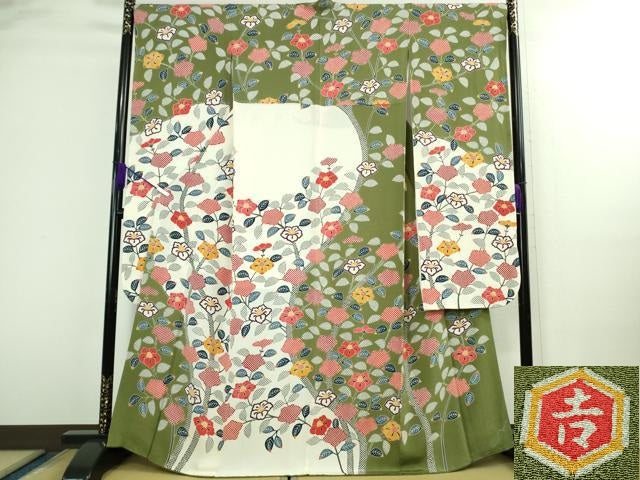 平和屋本店●極上　和染紅型　栗山紅型　栗山吉三郎　振袖　椿　鬼しぼ縮緬　逸品　DZAB3072kh6