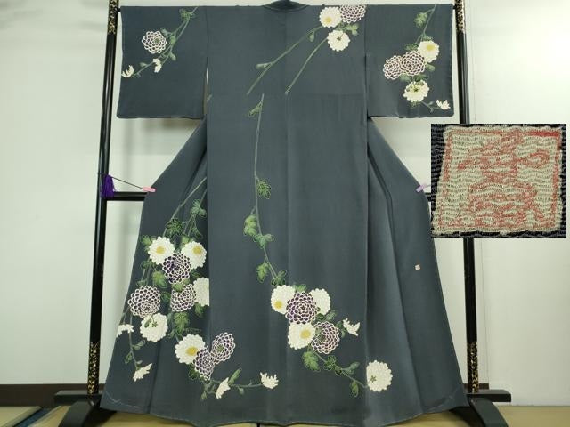 平和屋本店●超希少　東京友禅　久呂田明功　訪問着　菊　褐色地　金彩　鬼しぼ縮緬　逸品　未使用　DZAB3073kh6