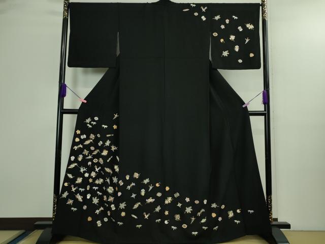 平和屋本店●極上　訪問着　総刺繍　宝尽くし　黒地　金糸　逸品　DZAB3077kh6