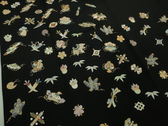 平和屋本店●極上　訪問着　総刺繍　宝尽くし　黒地　金糸　逸品　DZAB3077kh6