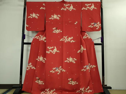平和屋本店●極上　人形作家・ホリヒロシ　付下げ　花兎　うさぎ　深緋色地　鬼しぼ縮緬　逸品　DZAB3081kh6