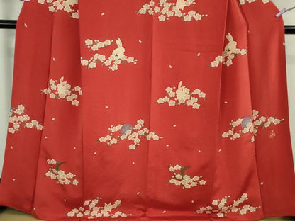 平和屋本店●極上　人形作家・ホリヒロシ　付下げ　花兎　うさぎ　深緋色地　鬼しぼ縮緬　逸品　DZAB3081kh6
