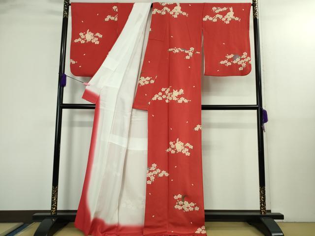 平和屋本店●極上　人形作家・ホリヒロシ　付下げ　花兎　うさぎ　深緋色地　鬼しぼ縮緬　逸品　DZAB3081kh6
