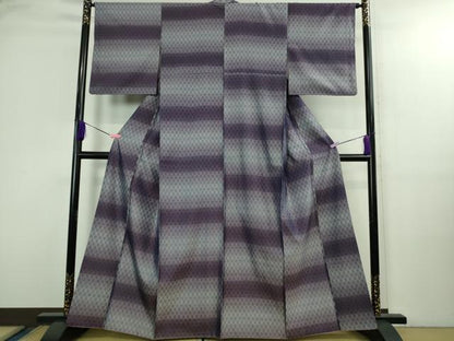 平和屋本店●超希少　日本工芸会正会員　秋山眞和　綾の手紬　手織　本藍染　花織　横段文　逸品　DZAB3088kh6
