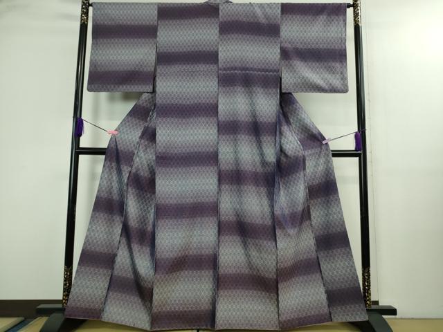 平和屋本店●超希少　日本工芸会正会員　秋山眞和　綾の手紬　手織　本藍染　花織　横段文　逸品　DZAB3088kh6