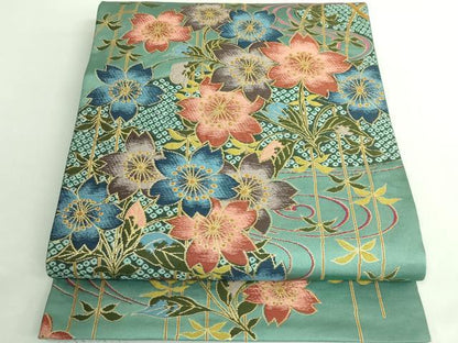 平和屋着物●極上　西陣　白綾苑大庭　六通柄袋帯　流水枝垂れ桜　金糸　逸品　DZAB3110kh6