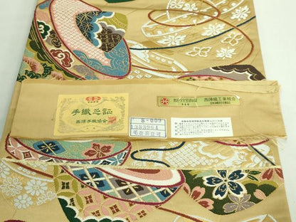 平和屋着物●極上　西陣　白綾苑大庭　六通柄袋帯　慶寿独楽文様　栗皮地　金糸　証紙付き　逸品　DZAB3111kh6