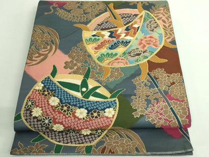 平和屋着物●極上　西陣　白綾苑大庭　六通柄袋帯　糸車花文　金糸　逸品　DZAB3112kh6