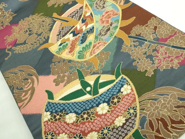 平和屋着物●極上　西陣　白綾苑大庭　六通柄袋帯　糸車花文　金糸　逸品　DZAB3112kh6