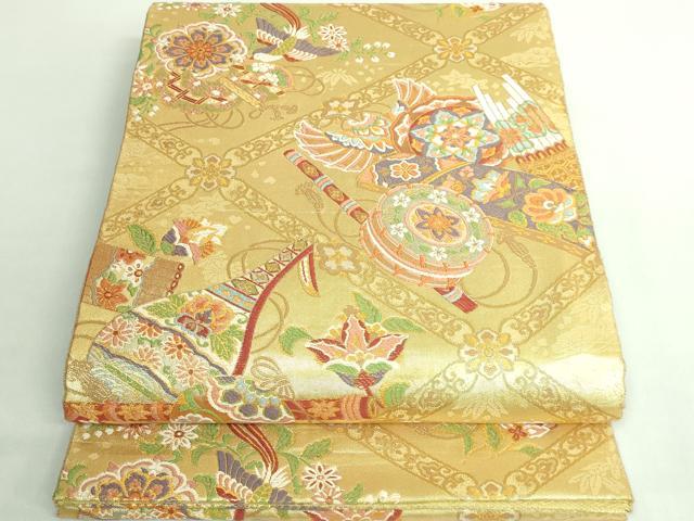 平和屋着物●極上 本場筑前博多織 草木染 手織工房 染匠：小森久　佐賀錦　全通柄袋帯　唐織　鴛鴦楽器花文　金糸 逸品 未使用 DZAB3113kh6
