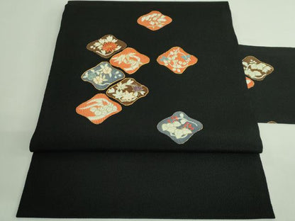 平和屋本店●極上 九寸名古屋帯 駒刺繍 草花文 黒地 金糸 鬼しぼ縮緬 逸品 DZAB3115kh6