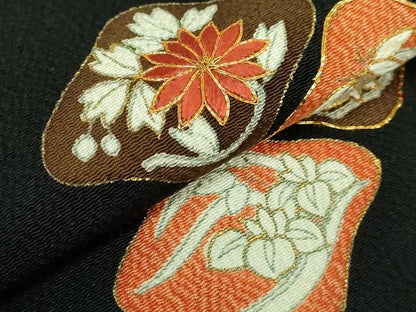 平和屋本店●極上 九寸名古屋帯 駒刺繍 草花文 黒地 金糸 鬼しぼ縮緬 逸品 DZAB3115kh6