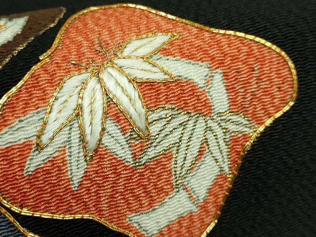 平和屋本店●極上 九寸名古屋帯 駒刺繍 草花文 黒地 金糸 鬼しぼ縮緬 逸品 DZAB3115kh6