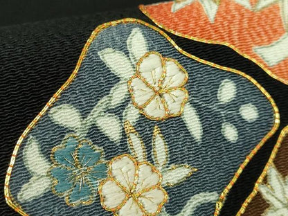 平和屋本店●極上 九寸名古屋帯 駒刺繍 草花文 黒地 金糸 鬼しぼ縮緬 逸品 DZAB3115kh6