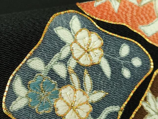平和屋本店●極上 九寸名古屋帯 駒刺繍 草花文 黒地 金糸 鬼しぼ縮緬 逸品 DZAB3115kh6