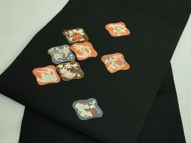 平和屋本店●極上 九寸名古屋帯 駒刺繍 草花文 黒地 金糸 鬼しぼ縮緬 逸品 DZAB3115kh6