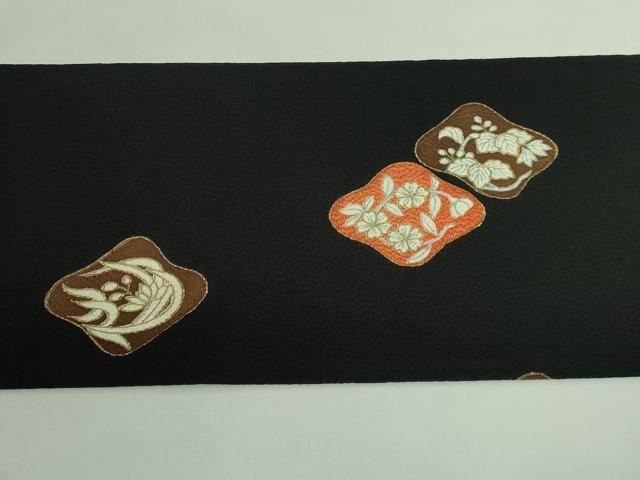 平和屋本店●極上 九寸名古屋帯 駒刺繍 草花文 黒地 金糸 鬼しぼ縮緬 逸品 DZAB3115kh6