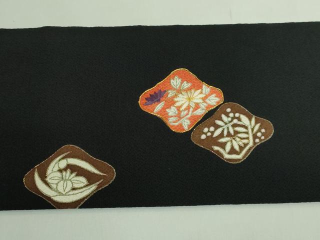 平和屋本店●極上 九寸名古屋帯 駒刺繍 草花文 黒地 金糸 鬼しぼ縮緬 逸品 DZAB3115kh6