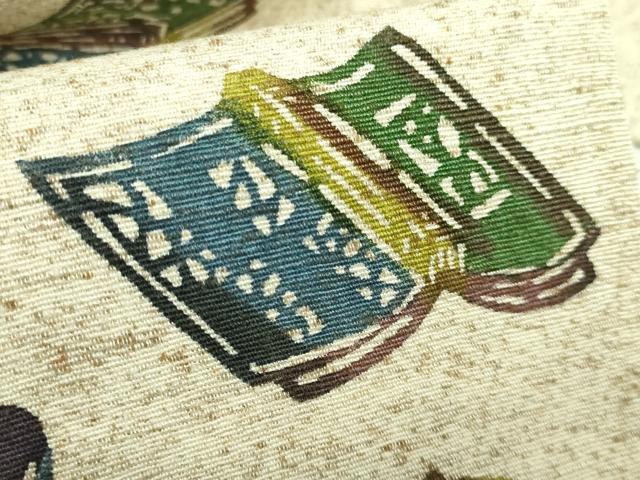 平和屋着物●極上　九寸名古屋帯　ぜんまい紬　型染め　文房具　筆　逸品　DZAB3130kh6