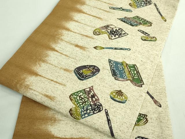 平和屋着物●極上　九寸名古屋帯　ぜんまい紬　型染め　文房具　筆　逸品　DZAB3130kh6