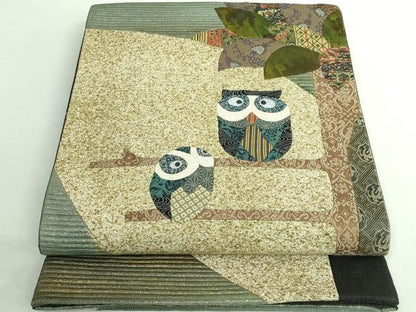 平和屋着物●極上　太鼓柄袋帯　切り嵌め　ミミズク　フクロウ　押し絵　貼り絵　金彩　逸品　DZAB3131kh6