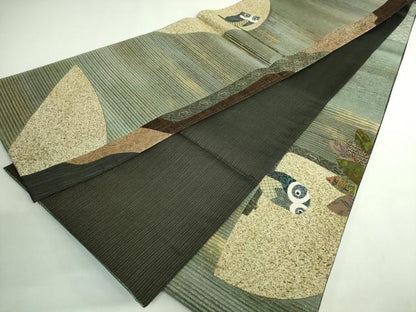 平和屋着物●極上　太鼓柄袋帯　切り嵌め　ミミズク　フクロウ　押し絵　貼り絵　金彩　逸品　DZAB3131kh6