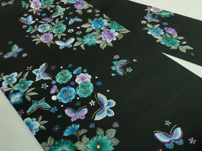 平和屋本店●極上　九寸名古屋帯　総手刺繍　紬地　BANKAN　わものや　尾嵯峨　花蝶文　黒地　金糸　逸品　DZAB3133kh6