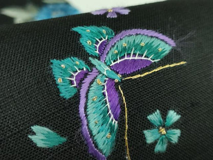 平和屋本店●極上　九寸名古屋帯　総手刺繍　紬地　BANKAN　わものや　尾嵯峨　花蝶文　黒地　金糸　逸品　DZAB3133kh6