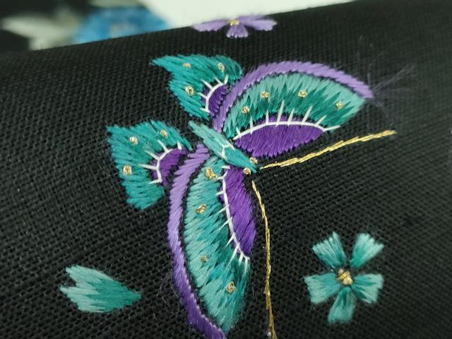 平和屋本店●極上　九寸名古屋帯　総手刺繍　紬地　BANKAN　わものや　尾嵯峨　花蝶文　黒地　金糸　逸品　DZAB3133kh6