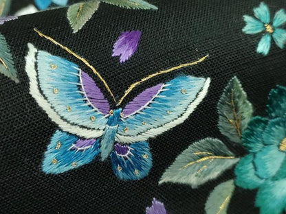 平和屋本店●極上　九寸名古屋帯　総手刺繍　紬地　BANKAN　わものや　尾嵯峨　花蝶文　黒地　金糸　逸品　DZAB3133kh6