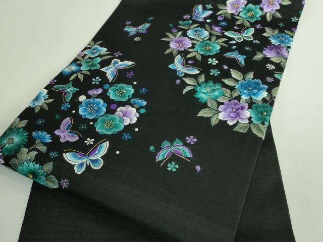 平和屋本店●極上　九寸名古屋帯　総手刺繍　紬地　BANKAN　わものや　尾嵯峨　花蝶文　黒地　金糸　逸品　DZAB3133kh6