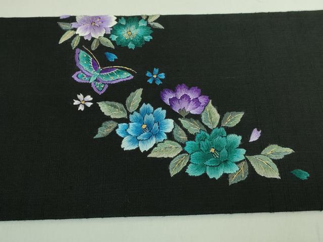 平和屋本店●極上　九寸名古屋帯　総手刺繍　紬地　BANKAN　わものや　尾嵯峨　花蝶文　黒地　金糸　逸品　DZAB3133kh6