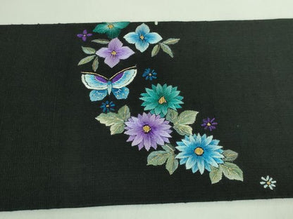 平和屋本店●極上　九寸名古屋帯　総手刺繍　紬地　BANKAN　わものや　尾嵯峨　花蝶文　黒地　金糸　逸品　DZAB3133kh6