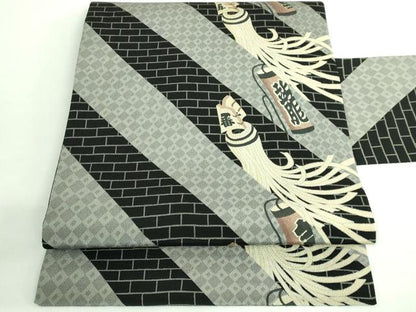 平和屋着物●極上　九寸名古屋帯　希少柄　火消し　纏　黒地　鬼しぼ縮緬　逸品　DZAB3155kh6