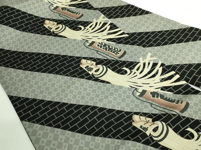 平和屋着物●極上　九寸名古屋帯　希少柄　火消し　纏　黒地　鬼しぼ縮緬　逸品　DZAB3155kh6