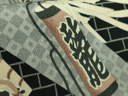 平和屋着物●極上　九寸名古屋帯　希少柄　火消し　纏　黒地　鬼しぼ縮緬　逸品　DZAB3155kh6