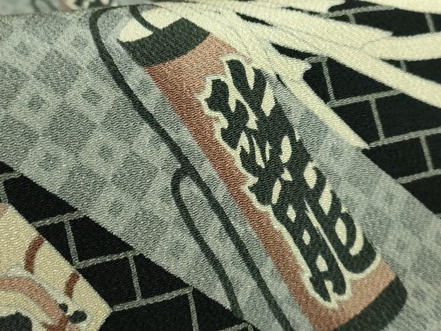 平和屋着物●極上　九寸名古屋帯　希少柄　火消し　纏　黒地　鬼しぼ縮緬　逸品　DZAB3155kh6