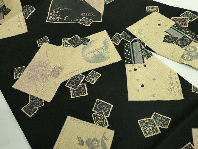 平和屋着物●極上　九寸名古屋帯　希少柄　手紙　切手　黒地　鬼しぼ縮緬　逸品　DZAB3156kh6