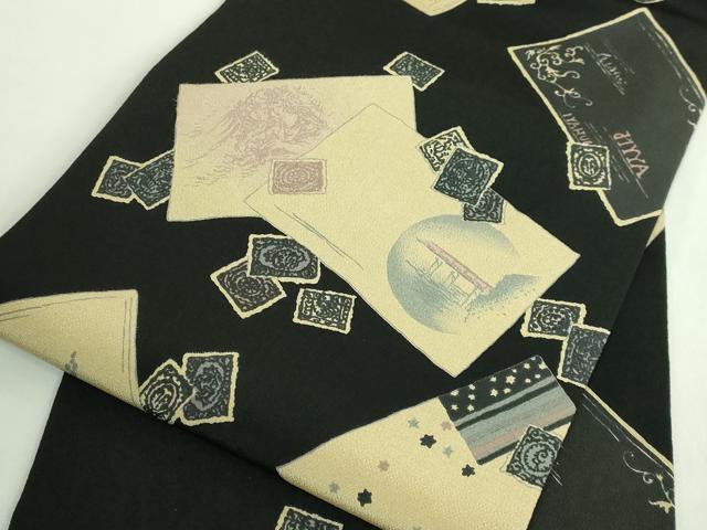 平和屋着物●極上　九寸名古屋帯　希少柄　手紙　切手　黒地　鬼しぼ縮緬　逸品　DZAB3156kh6