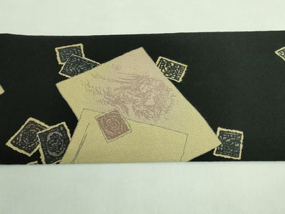 平和屋着物●極上　九寸名古屋帯　希少柄　手紙　切手　黒地　鬼しぼ縮緬　逸品　DZAB3156kh6