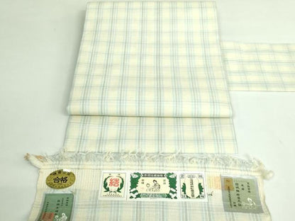 平和屋本店●極上　本場結城紬　重要無形文化財　地機　九寸名古屋帯　格子　証紙付き　逸品　未使用　DZAB3173kh6