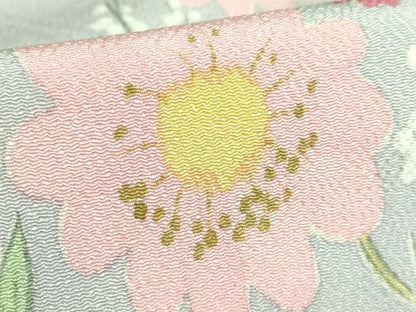 平和屋本店●希少　染色作家　山本由季　九寸開き名古屋帯　手描き　草花文　鬼しぼ縮緬　白鼠色地　逸品　DZAB3176kh6