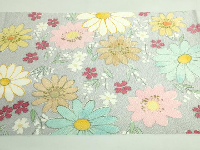 平和屋本店●希少　染色作家　山本由季　九寸開き名古屋帯　手描き　草花文　鬼しぼ縮緬　白鼠色地　逸品　DZAB3176kh6