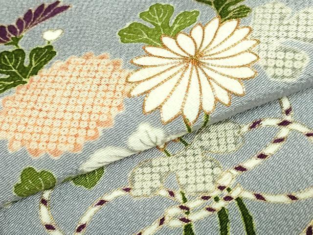 平和屋本店●極上　九寸名古屋帯　駒刺繍　結び紐菊文　灰青色地　金糸　鬼しぼ縮緬　逸品　DZAB3177kh6