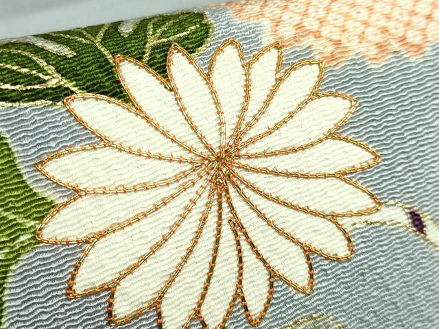平和屋本店●極上　九寸名古屋帯　駒刺繍　結び紐菊文　灰青色地　金糸　鬼しぼ縮緬　逸品　DZAB3177kh6
