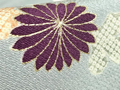 平和屋本店●極上　九寸名古屋帯　駒刺繍　結び紐菊文　灰青色地　金糸　鬼しぼ縮緬　逸品　DZAB3177kh6